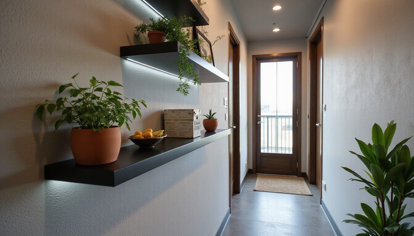  Narrow hallway transformed by floating black steel shelves, integrated LED strips, minimalist plants, textured plaster