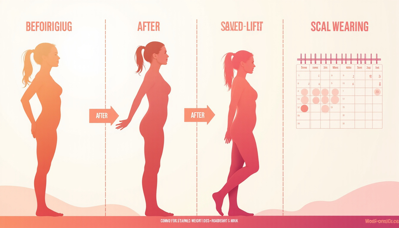  Before-and-after silhouettes, scale and calendar, sustainable weight loss roadmap, no hunger, serene