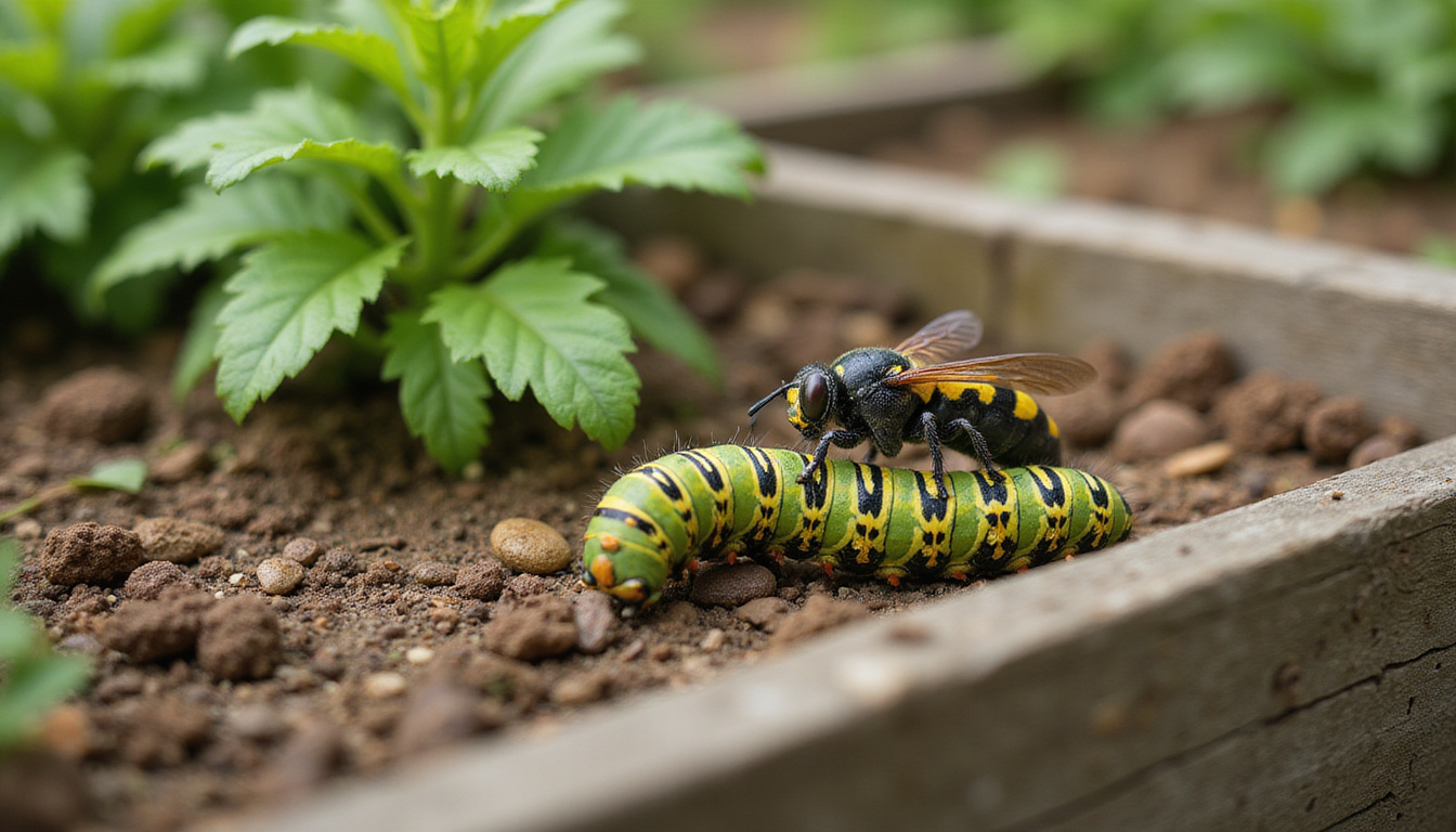  Close-up of parasitic wasps attacking caterpillars, companion planting, rustic wooden raised beds