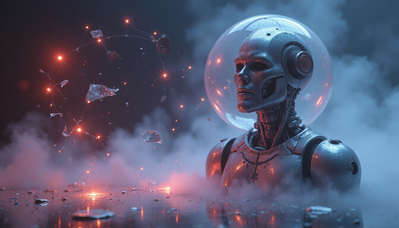  Steel robotic agent surrounded by smoky hallucination bubble, shattered holograms labeled 