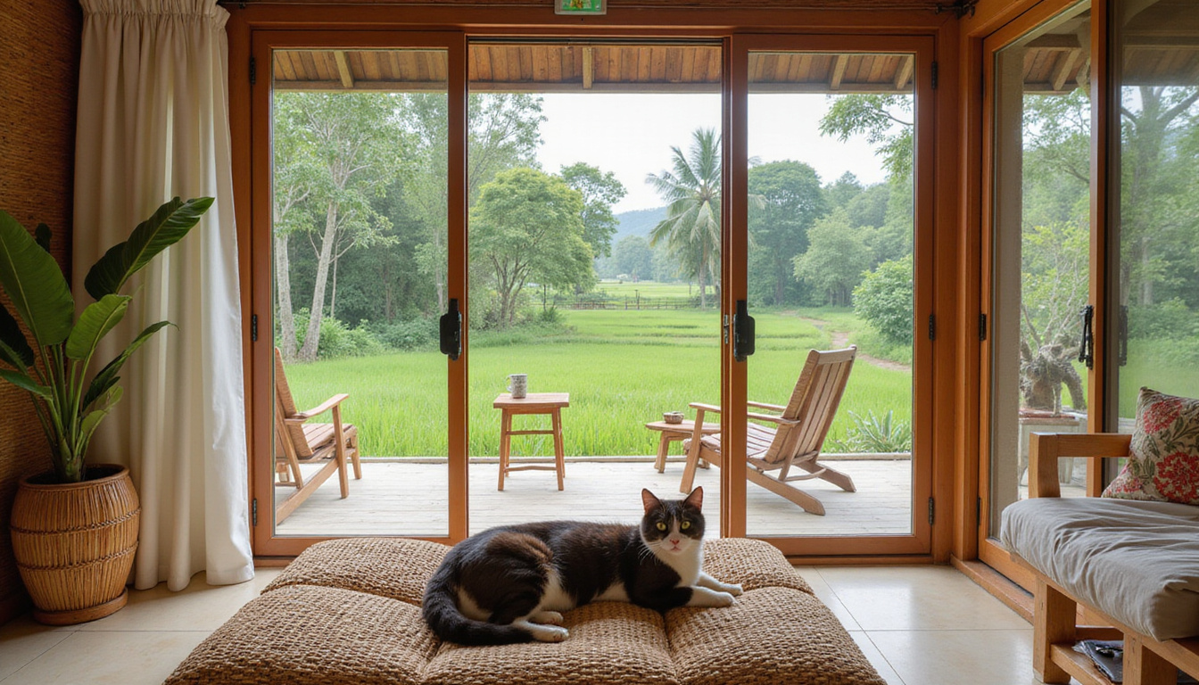  Cozy pet friendly Balinese villa interior, cat on woven bed, bamboo decor, rice terrace view