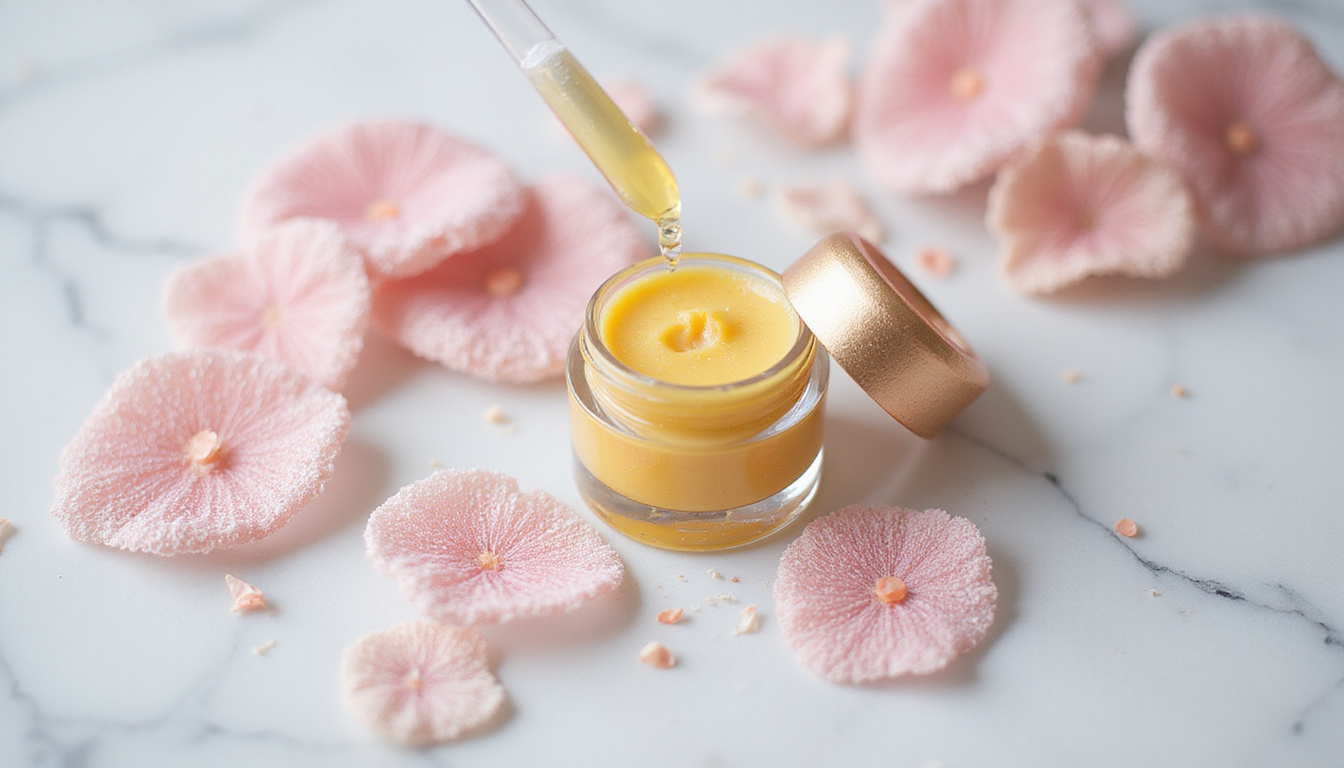  Luxury jar and dropper arranged on marble, certification seals, microscopic skin cells rejuvenating