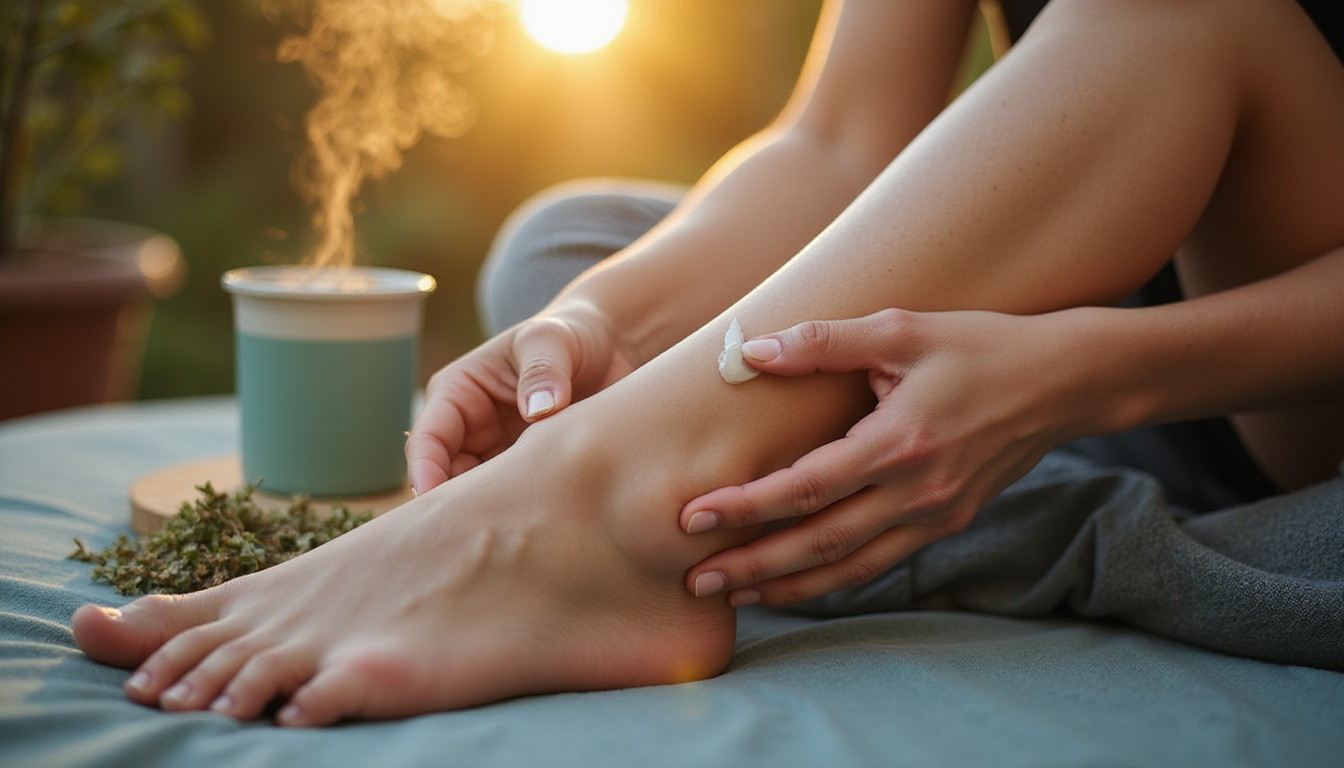  Close-up of hands applying cooling gel to restless calf, herbal tea steaming, soft dusk lighting