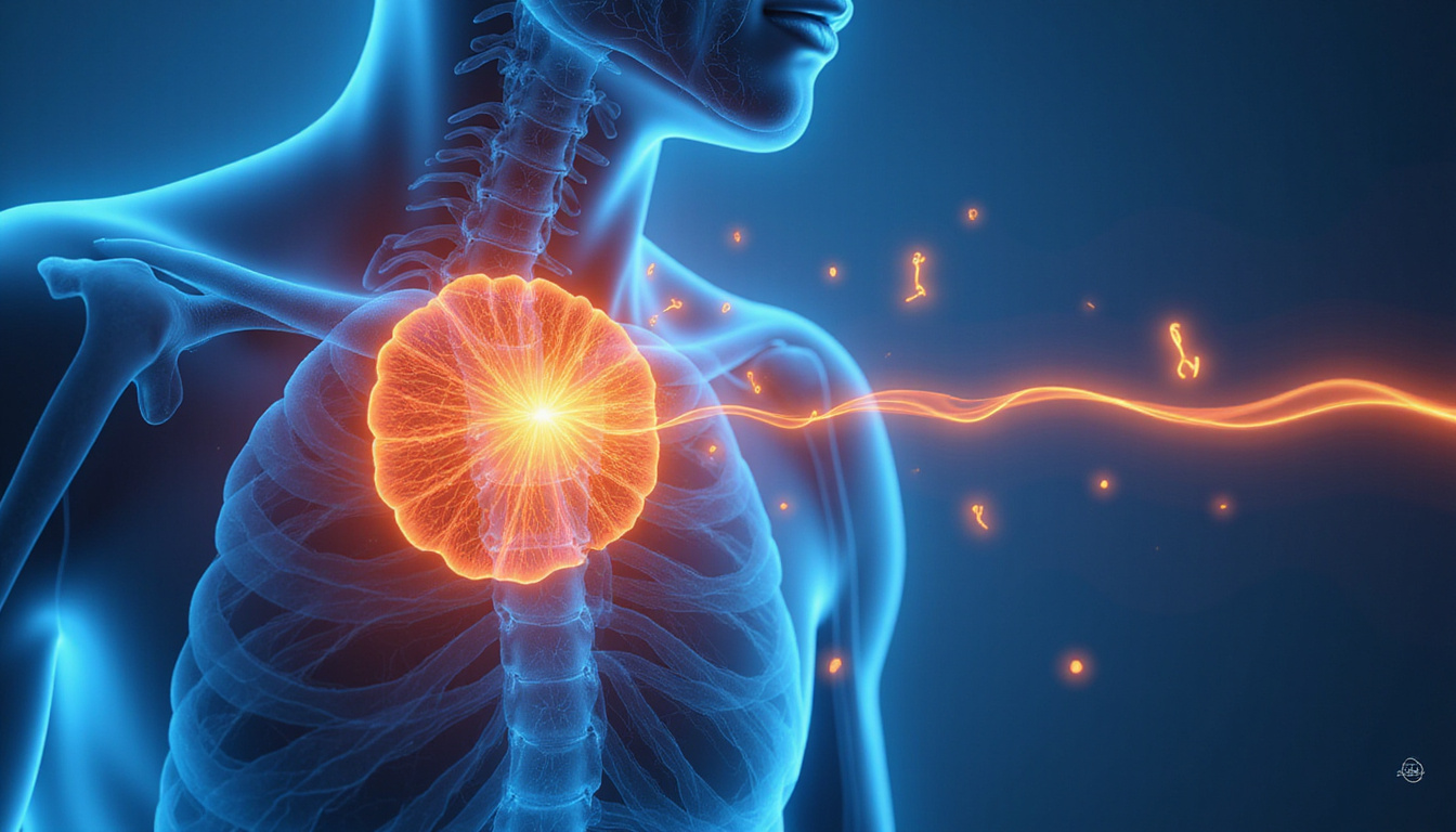  Cutaway anatomical illustration showing heat waves targeting nerve tissue, recovery icons: ice pack, walking