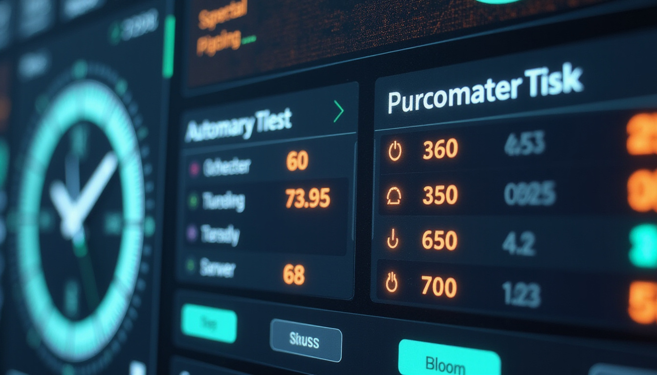 close-up of digital order interface automating tasks, error-free badges, clock hands racing