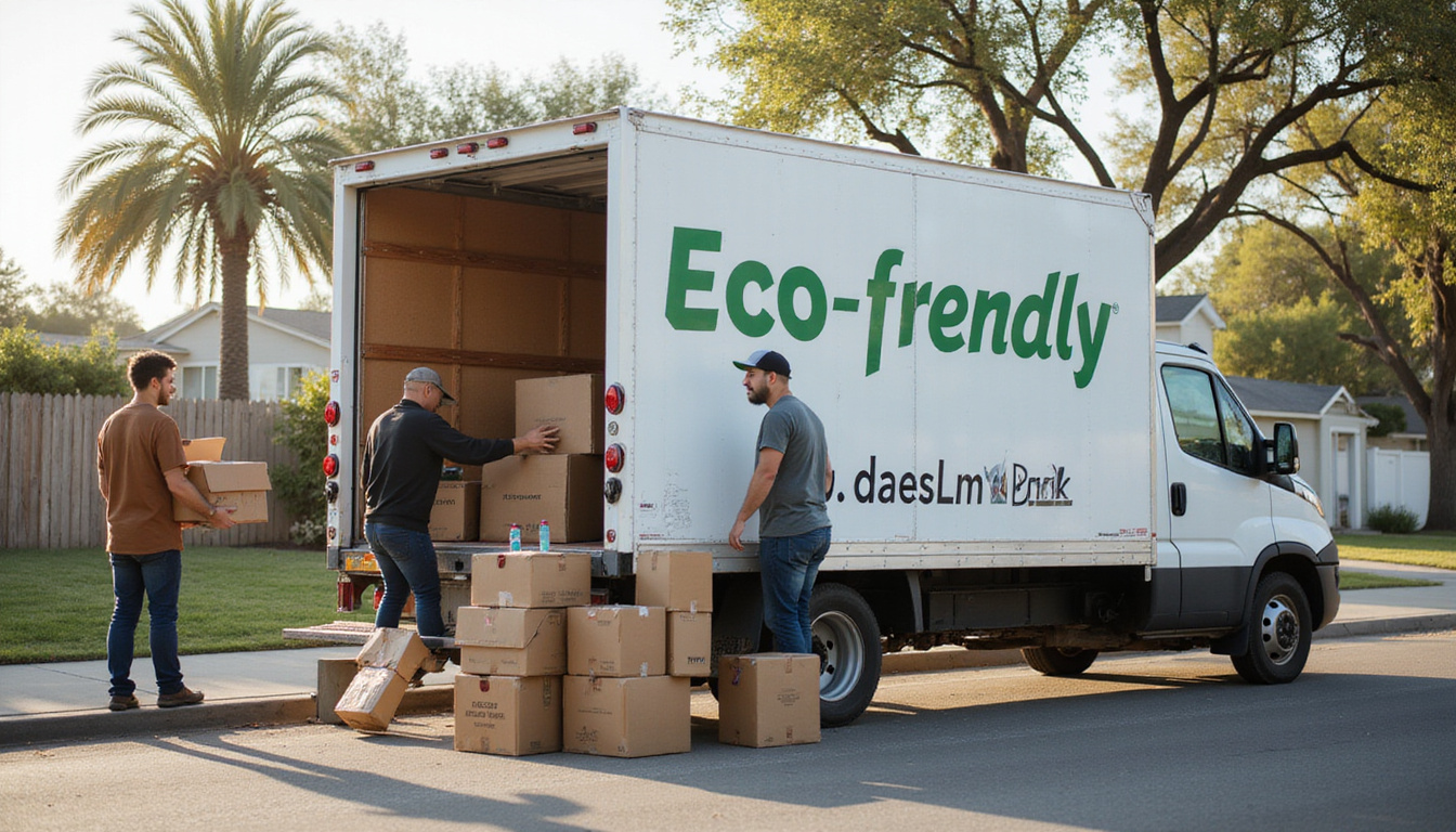  Fast decluttering crew loading boxes into eco friendly truck, coastal San Diego neighborhood, bright morning