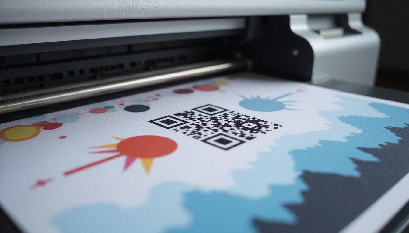  Modern printing press close-up, ink droplets, QR code popping, delighted customers reaching, rocket-arrow conversions