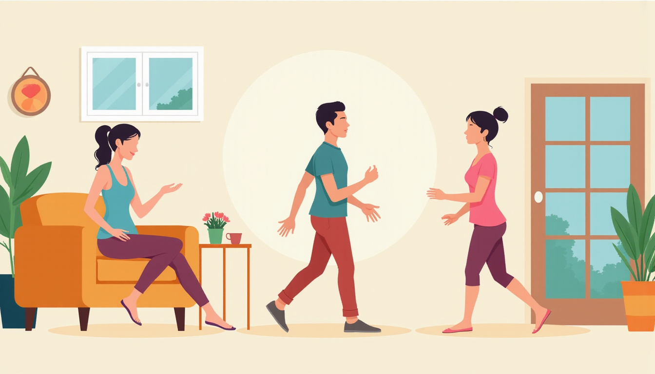  Serene home scene illustrating easy pain-relief habits: posture adjustment, gentle walking, mindful breathing