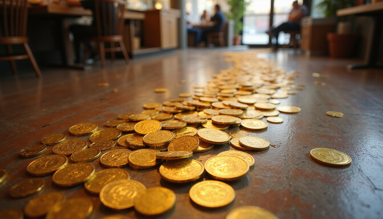  Silent leak of gold coins through a restaurant floorboards, compliance stamps floating like ghosts