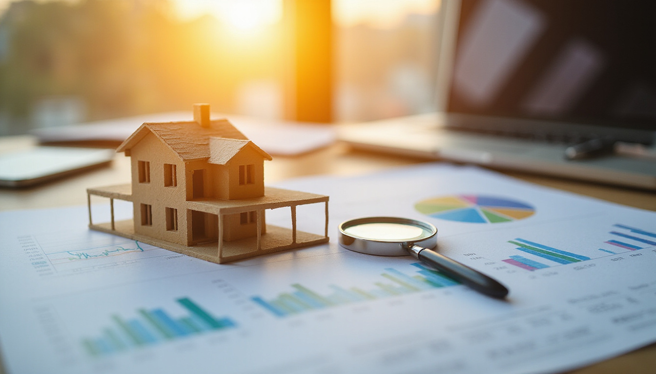  Close-up architectural model on table with magnifying glass over profit chart, golden sunrise