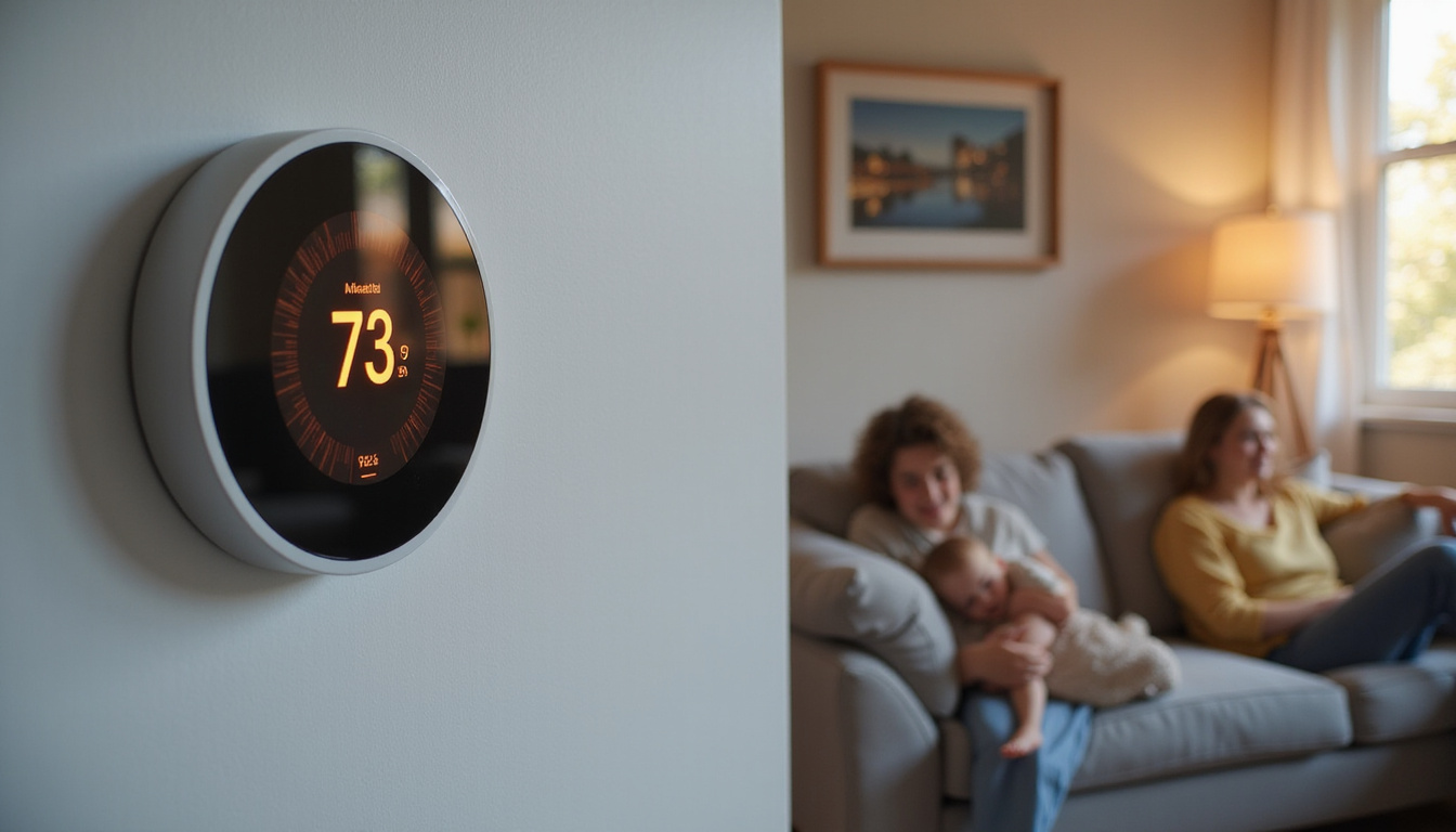  cozy living room, happy family relaxed, digital thermostat display showing fast reduced bills and comfort