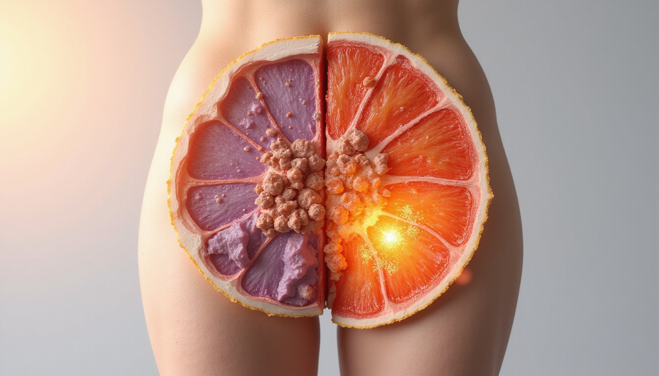  cross-section thigh showing depleted glycogen molecules dissolving into energy, fat cells shrinking, hyperrealistic