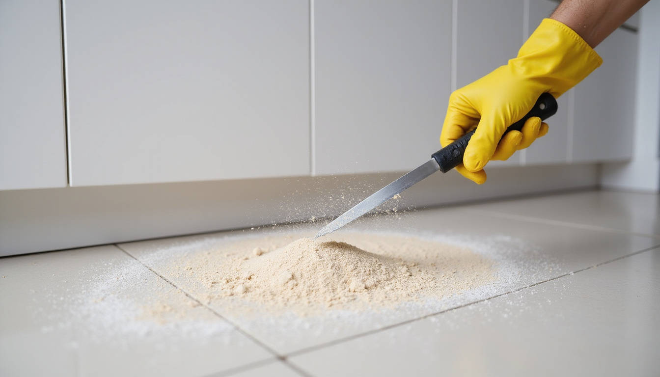  Gloved hand sprinkling diatomaceous earth along baseboards, spotless kitchen, dramatic shallow depth