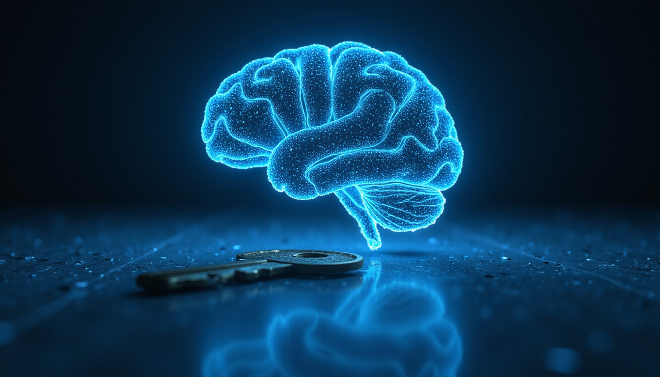 Futuristic key unlocking compact AI brain made of code shards, neon blue rapid-learning aura
