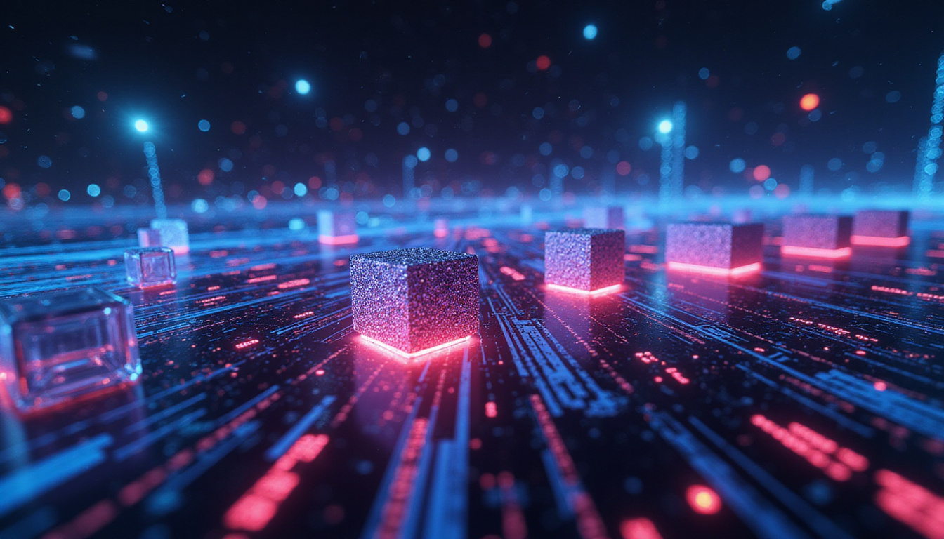  High-speed digital blocks streaming through stamped validator gateways, scalability trails, neon cybersecurity glow