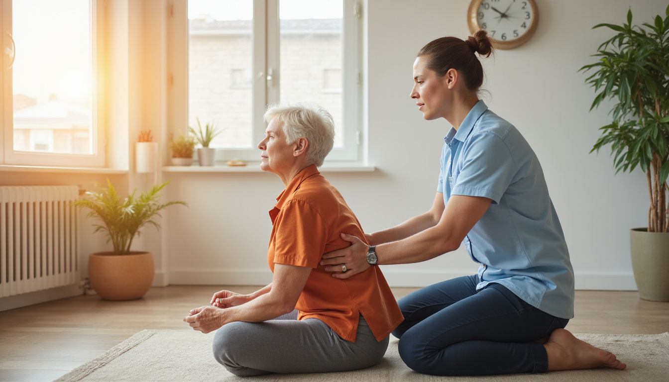  Gentle senior easing lower back pain with supported psoas stretch, therapist assisting, calming morning light