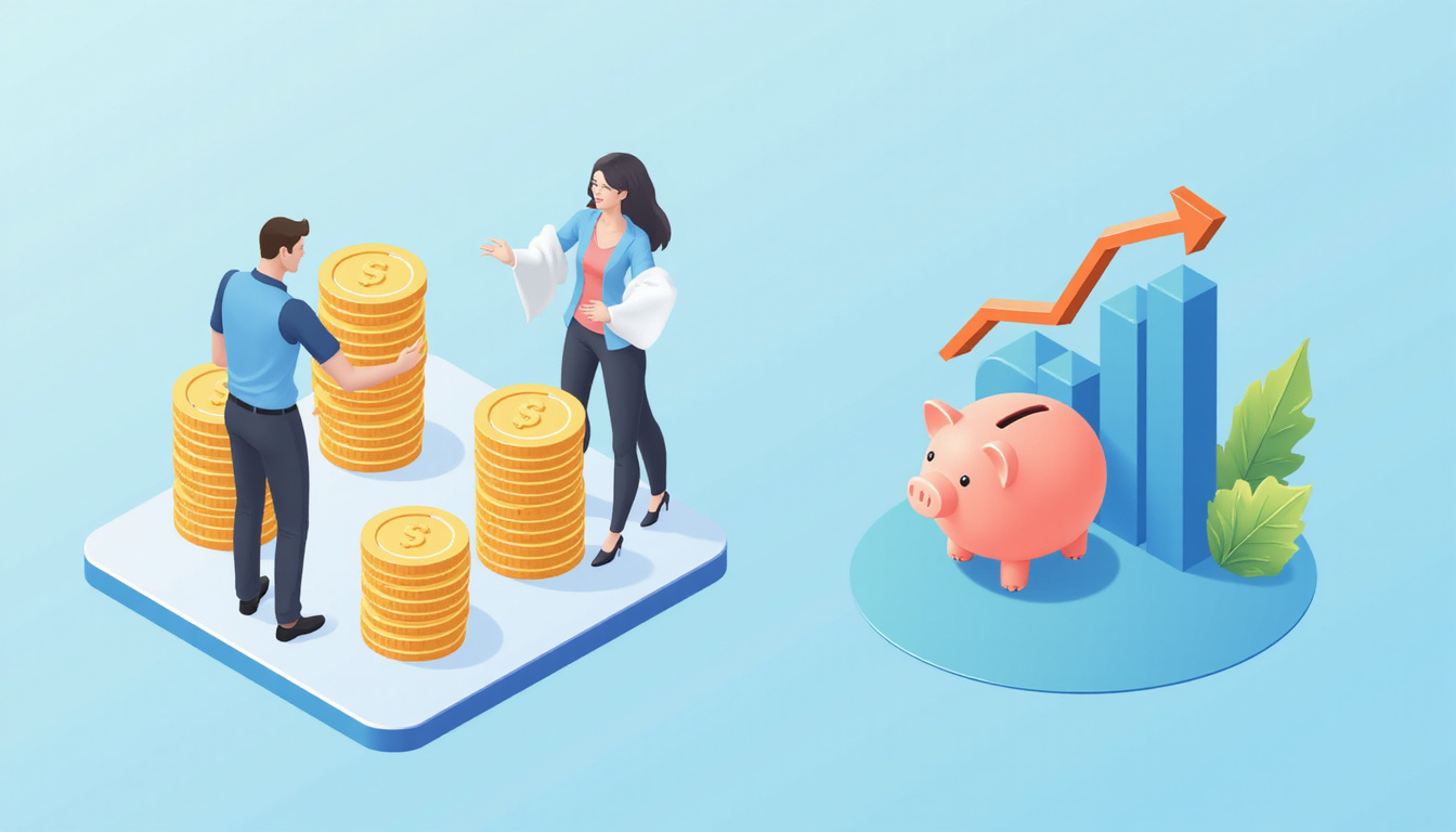 Isometric infographic scene: clients greeted efficiently, dollar coins and piggy bank, upward savings graph