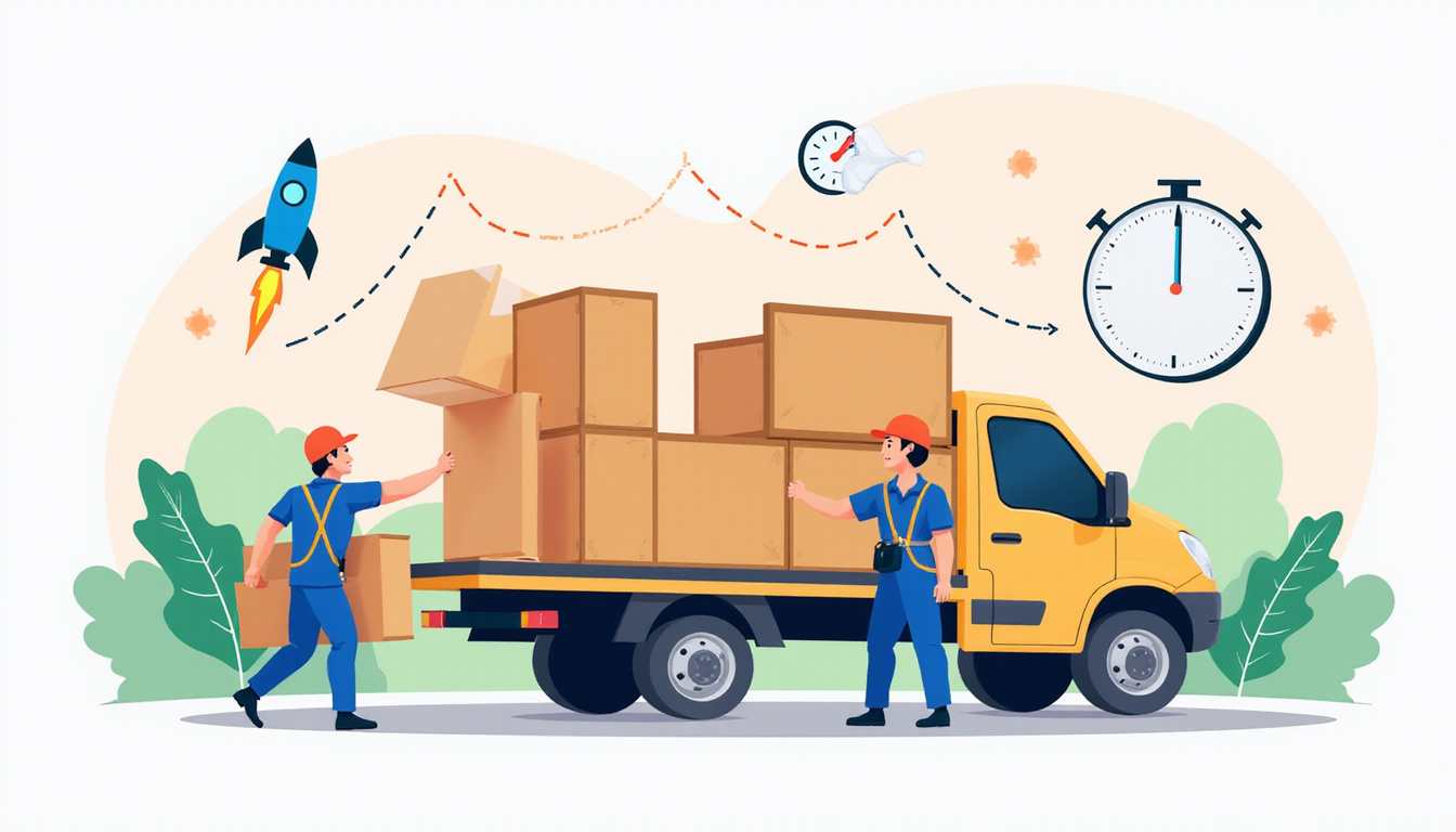  Team of uniformed workers hauling furniture to truck, stopwatch and rocket icons symbolizing rapid scaling