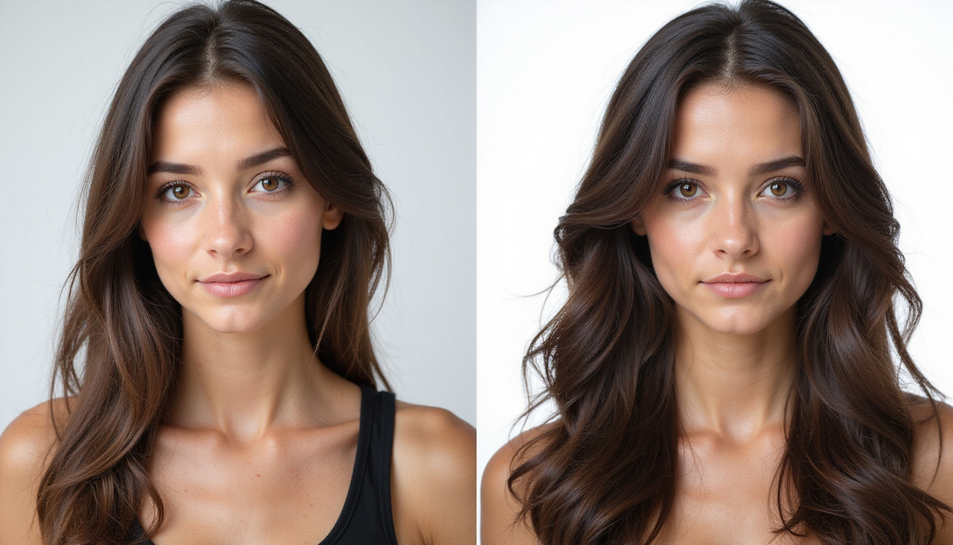  Before-and-after portraits: woman with thinning hair transformed to dense long hair, scientific charts overlay