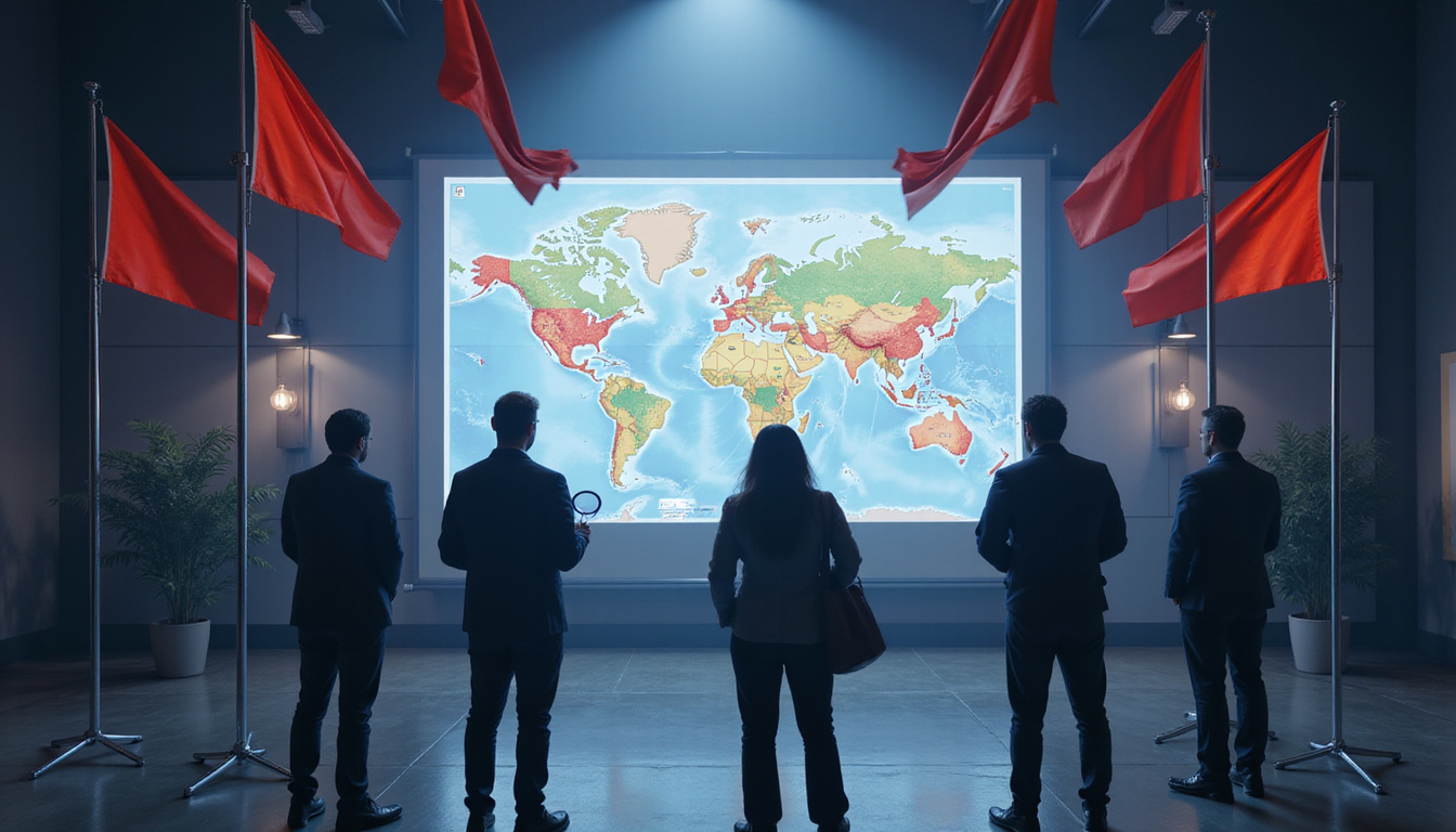  High-stakes training scene, team analyzing breach map, red flags, magnifying glass, tense dramatic lighting