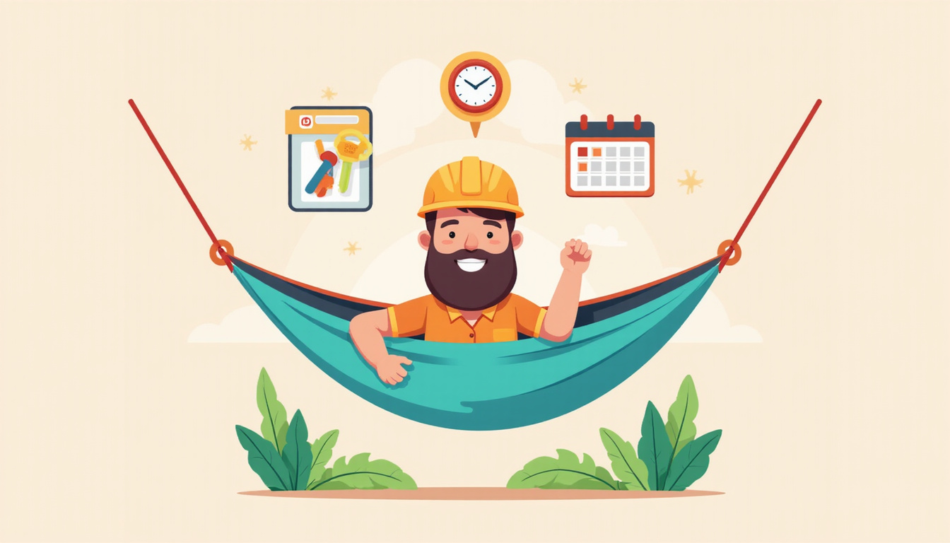  Hammock-swinging landlord smiling, smartphone automation icons, neat keys and calendar, green growth arrow, minimalist