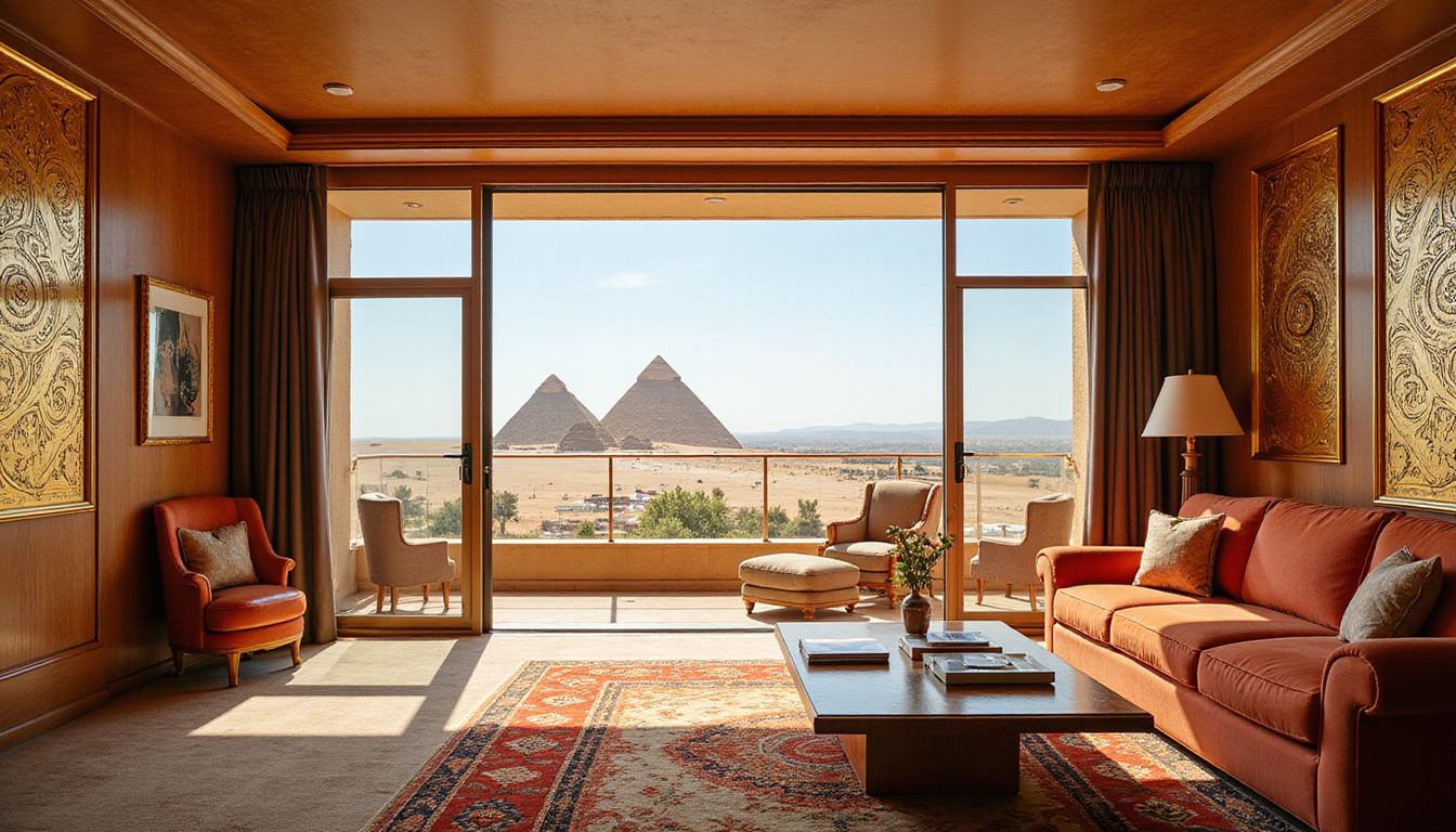  Opulent suite interior with floor-to-ceiling windows, golden Egyptian motifs, private balcony overlooking pyramids