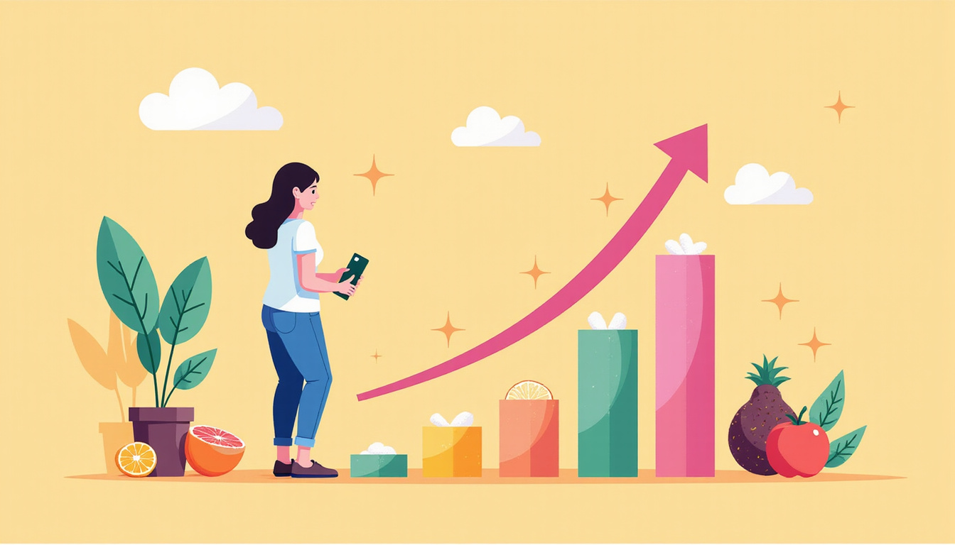  Bright infographic of person conquering sugar cravings, measuring progress graph, healthy snacks, empowering colors