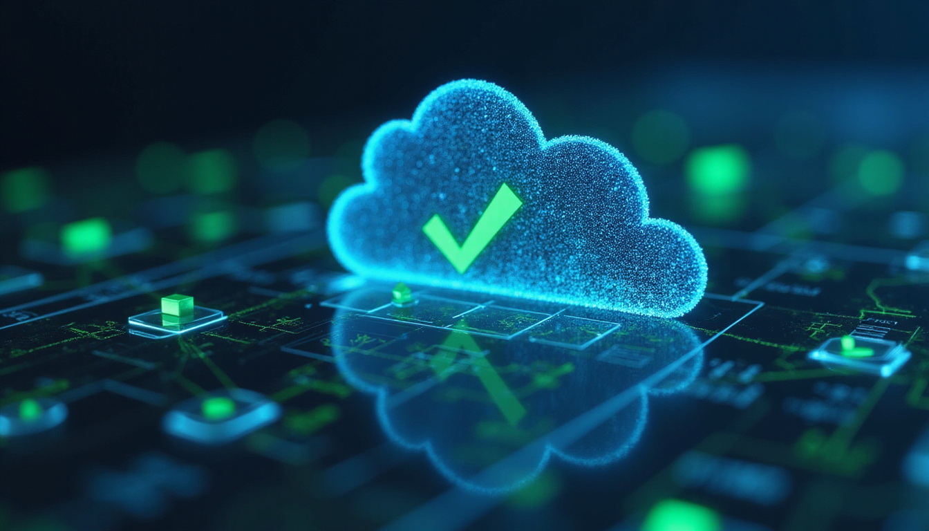 Corporate IT team overseeing provisioning dashboard, cloud icons, green success ticks, holographic security layers