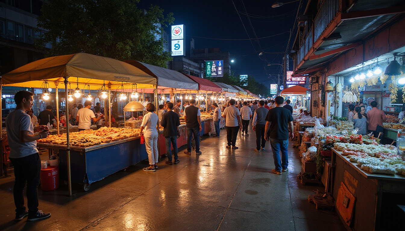  pasar malam lokal, jajanan murah, lentera warna-warni, wisatawan beranggaran menikmati hidangan
