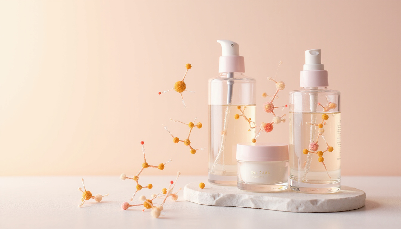  Minimalist glass lab with luxury skincare bottles, microscopic peptide structures suspended, soft ivory background