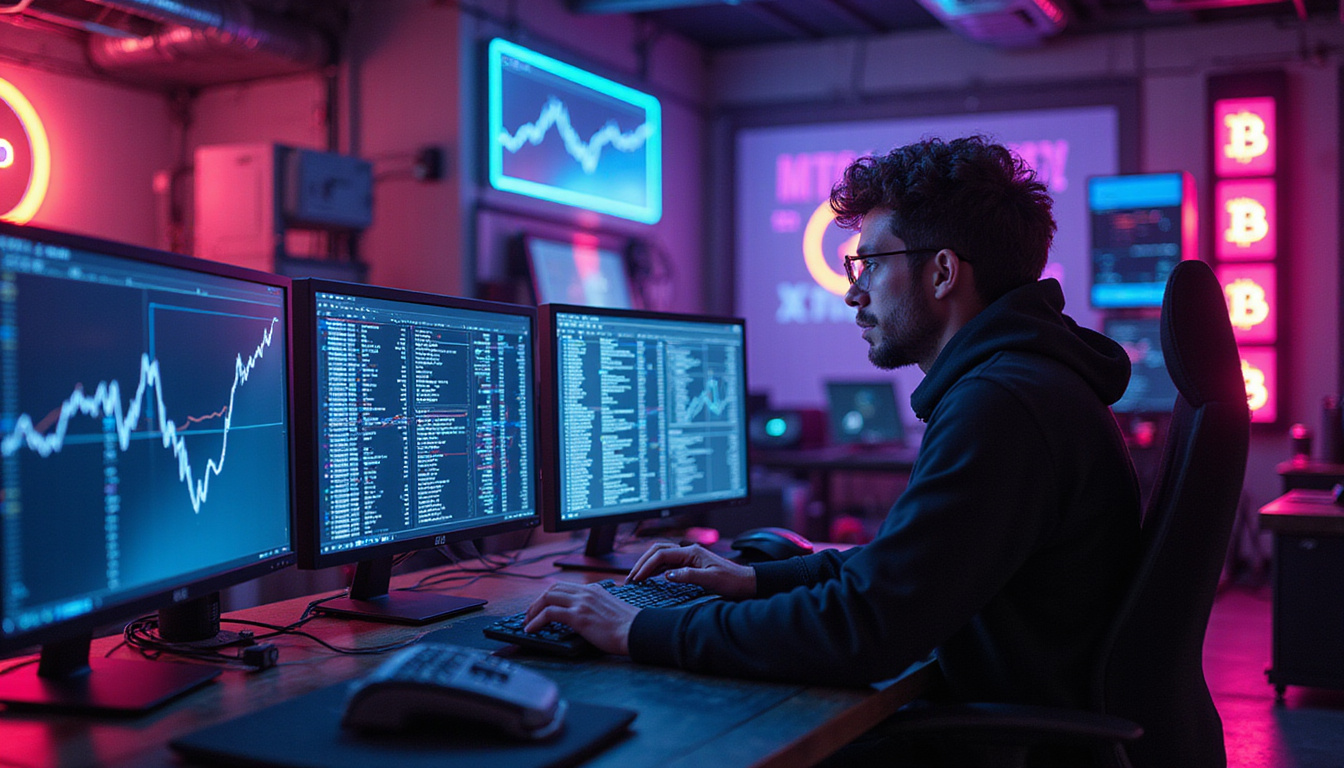  Determined miner optimizing rigs in neon warehouse, profit graphs soaring, Bitcoin symbols
