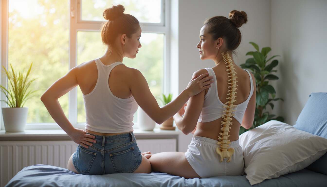  Patient recovering at home, gentle physical therapy, supportive spouse, spine model, sunlight through window