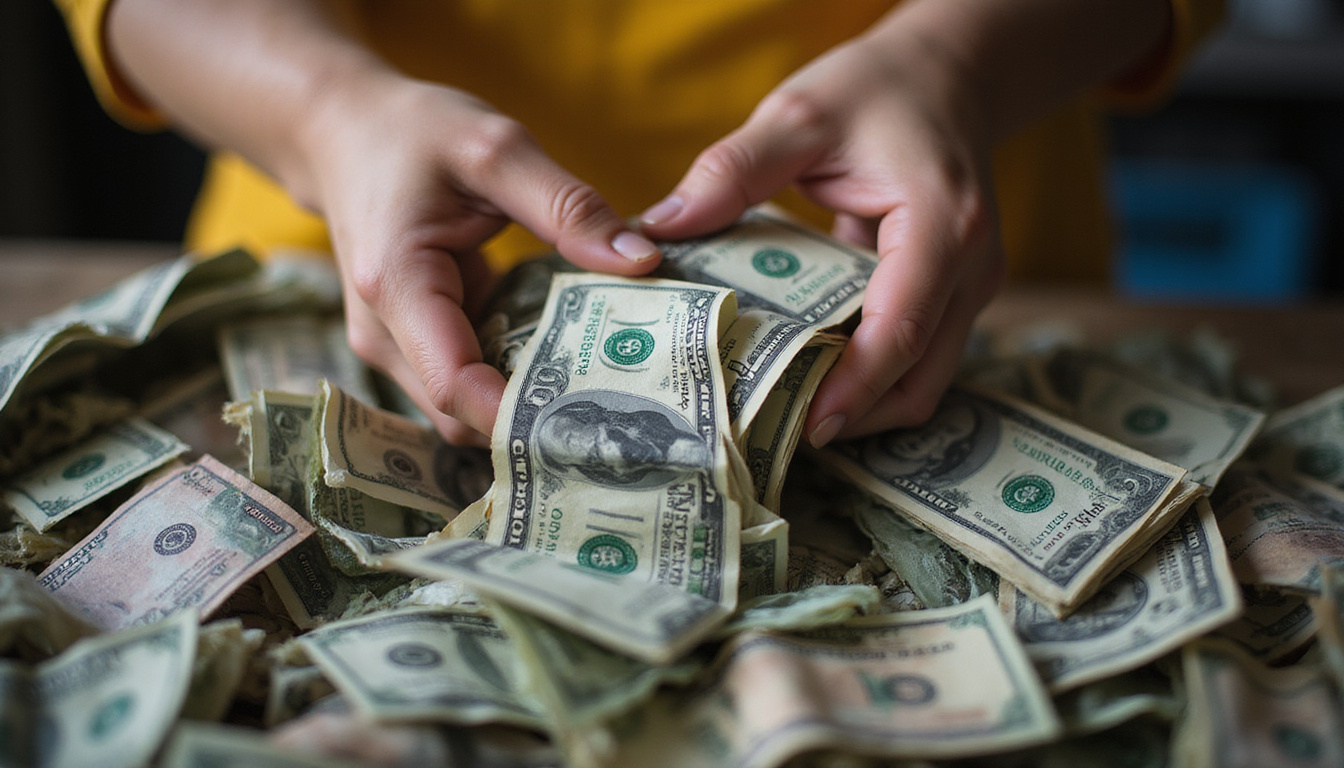  Closeup hands sorting recyclables, hidden cash and missing deposits falling into trash, stark contrast lighting