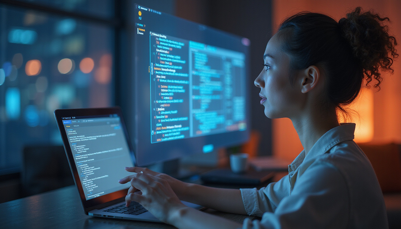  Focused professional speaking to smart assistant, holographic transcripts and accuracy meters soaring