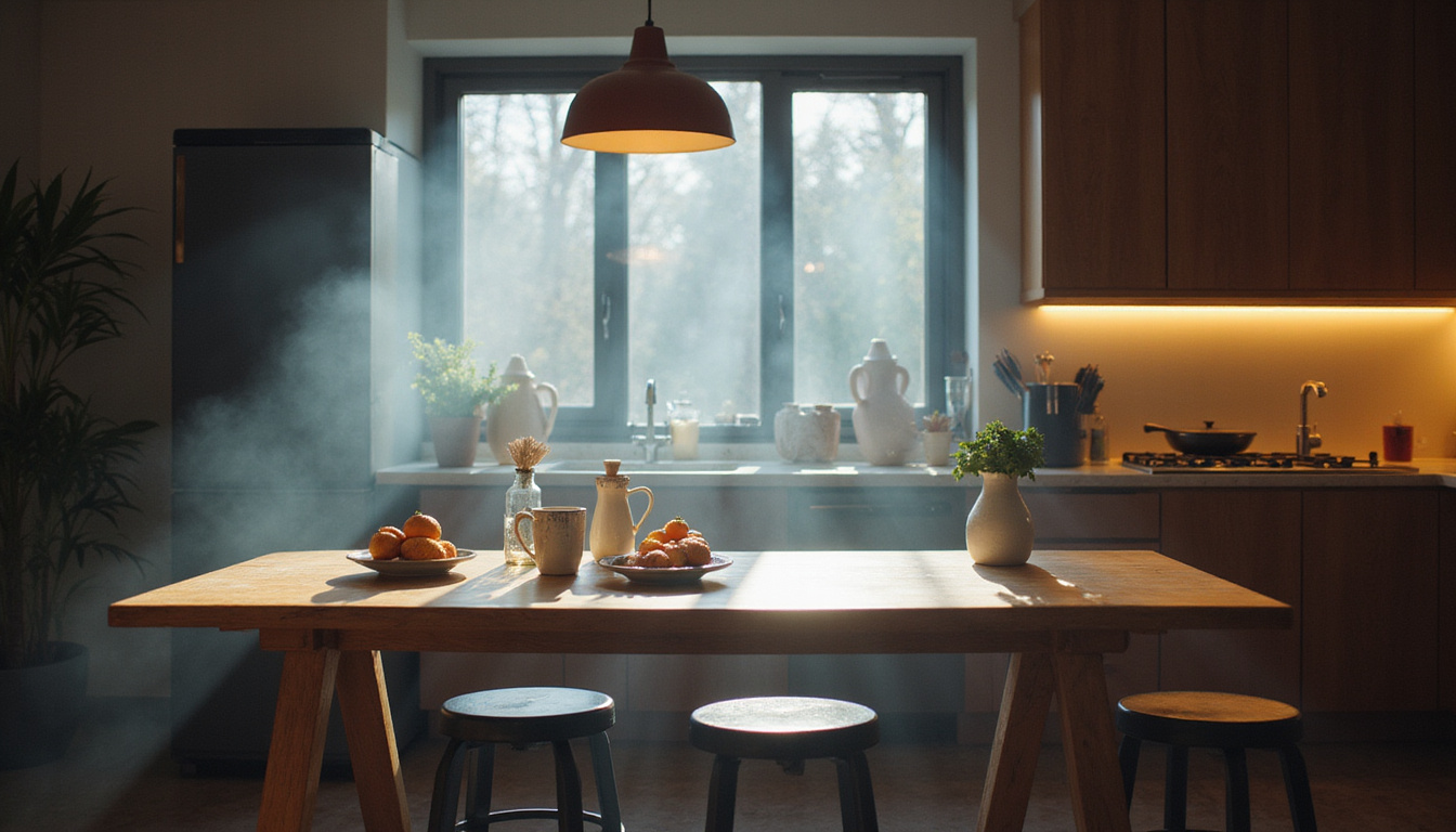  Kitchen table transfigured with luminous mist, ordinary objects glowing, quiet reverence