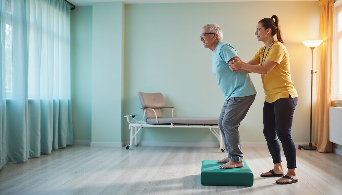  Serene rehabilitation scene: older adult doing balance foam pad exercises with supportive therapist, calming colors