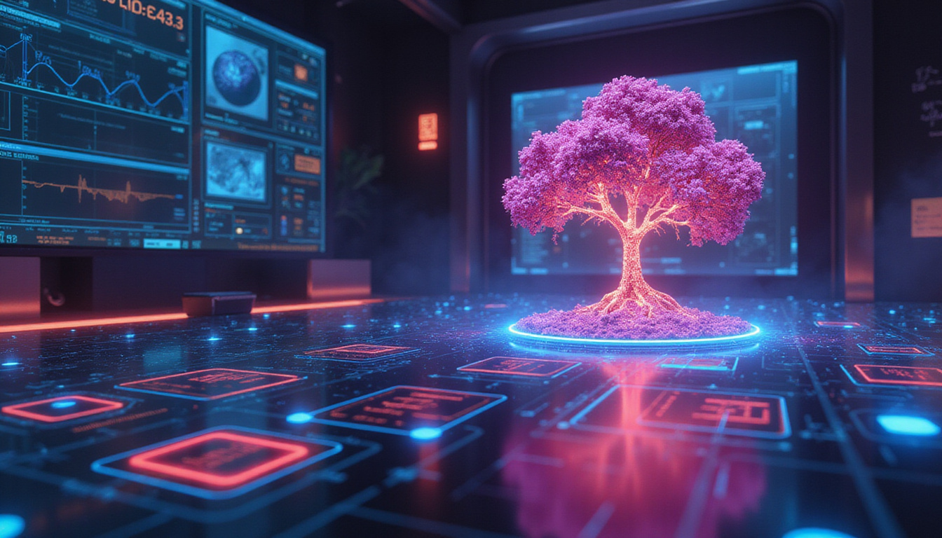  Futuristic lab with glowing data streams, experimentation icons, learning growth tree, vibrant neon palette
