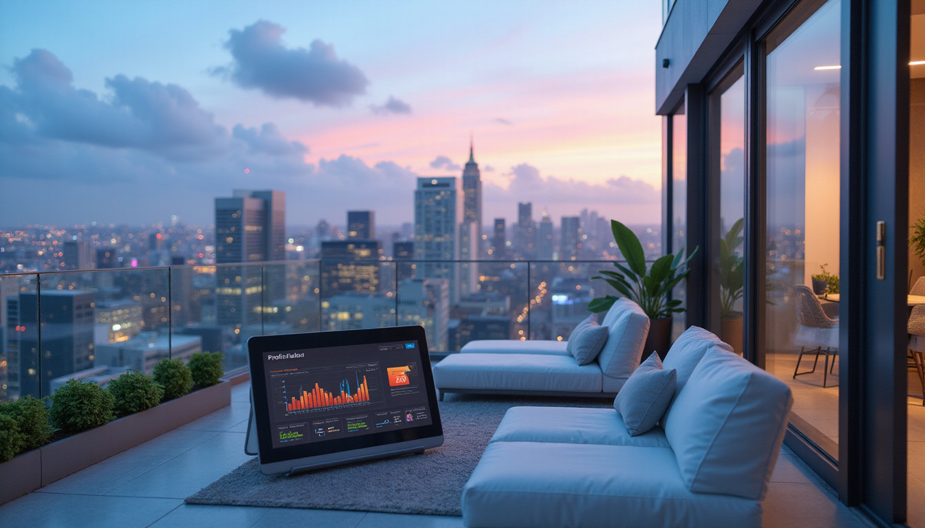  Modern high-rise penthouse terrace, skyline view, luxury rental signage, profit analytics on tablet