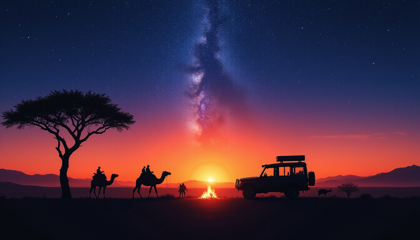  Silhouetted safari jeep and camels at sunset, star-studded heavens emerging, intimate campfire