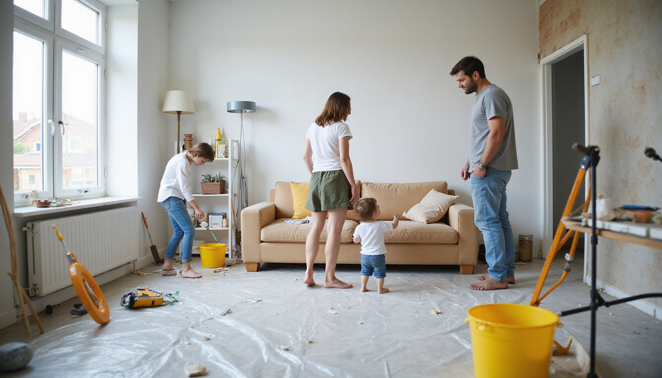  Childproofed living room during renovation, plastic sheeting, secure tools, calm parents supervising