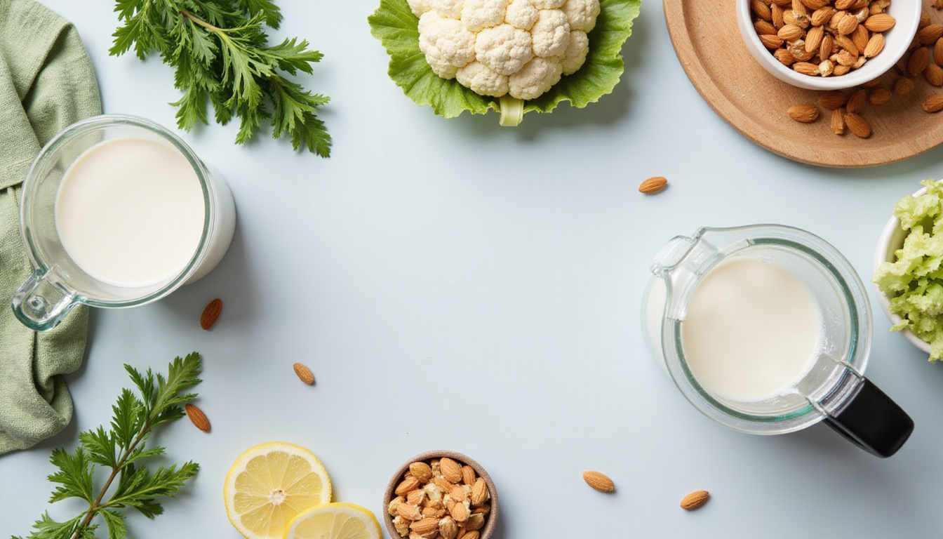  Bright kitchen flatlay: blender, cauliflower, zucchini ribbons, almond milk, recipe cards, keto swap hacks