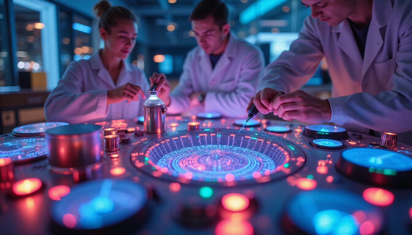 Futuristic lab, researchers tuning energy-infused reward knobs, accelerating colorful agent learning trajectories