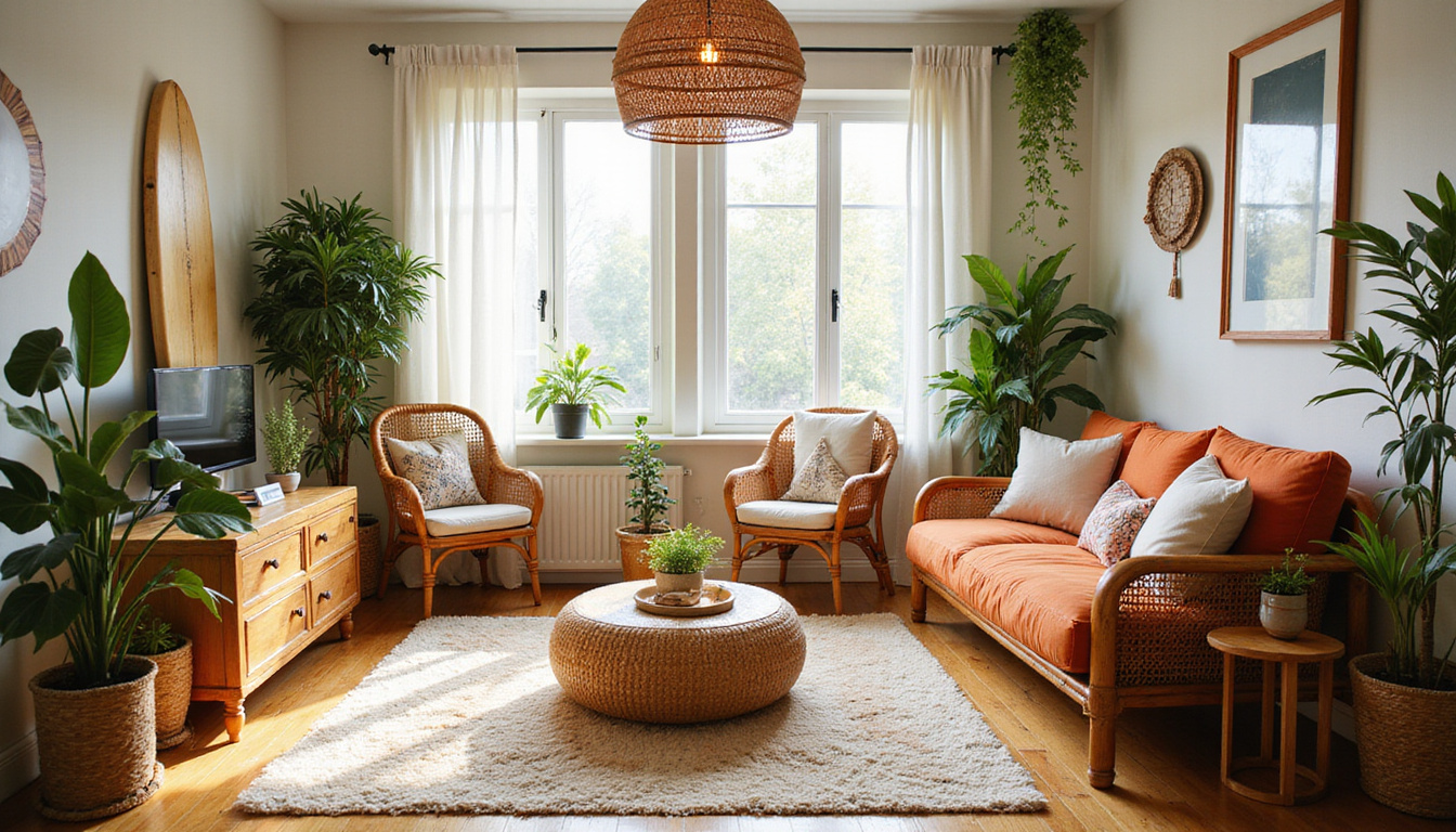 Instagrammable bohemian dorm room, rattan furniture, plants, surfboard decor, warm natural light