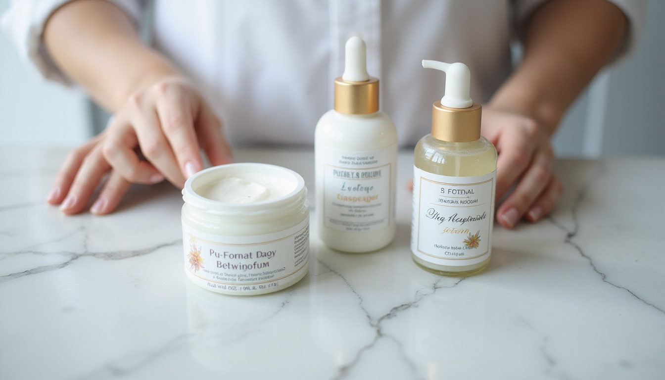  Elegant chemist formulating cream, marble countertop, sustainable packaging, clean labels, serene luxury