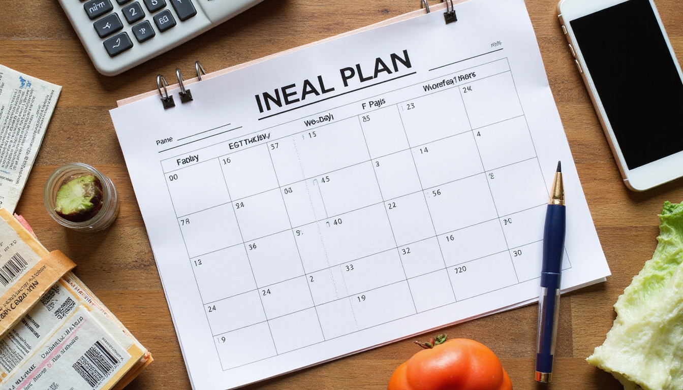  Top-down flatlay of organized weekly meal plan, stack of coupons, calculator, smartphone, wooden table