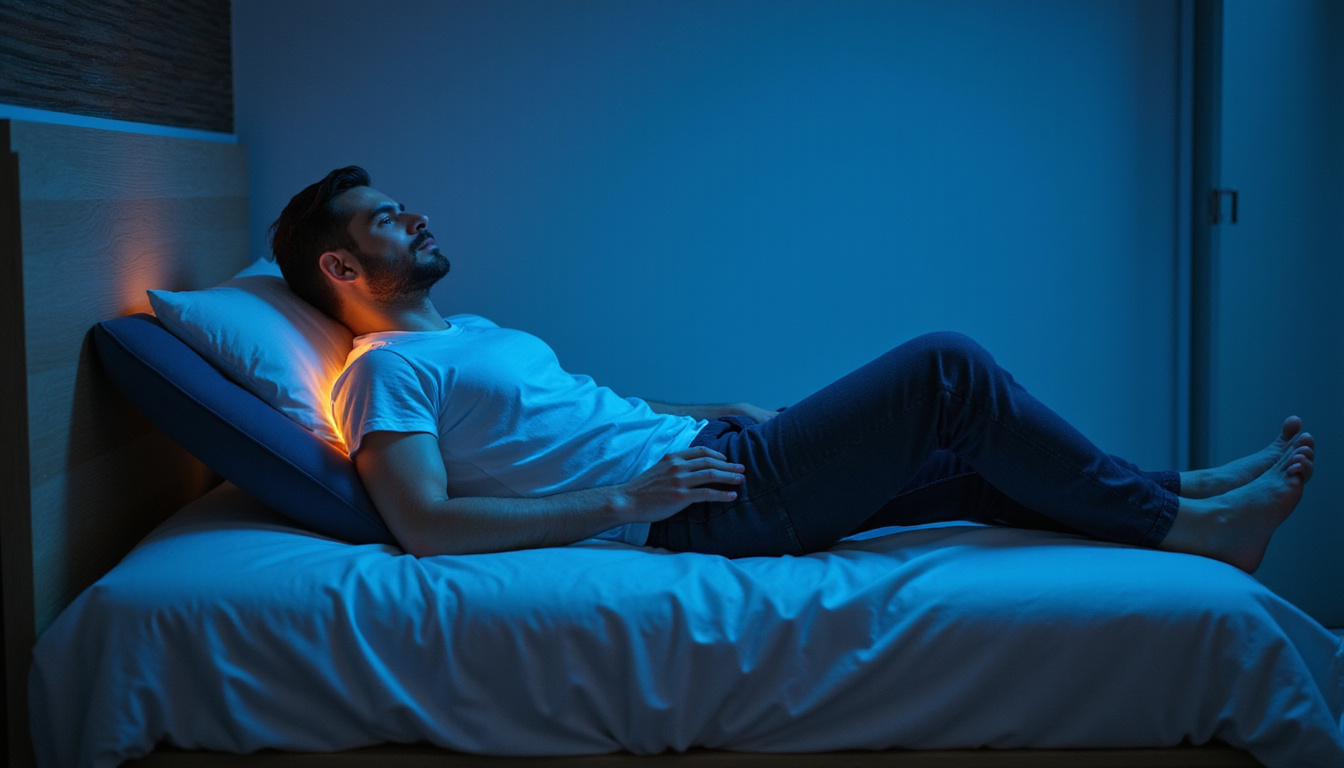  Man reclined on adjustable bed, lumbar support cushion, glowing spine alignment, soft blue nightlight