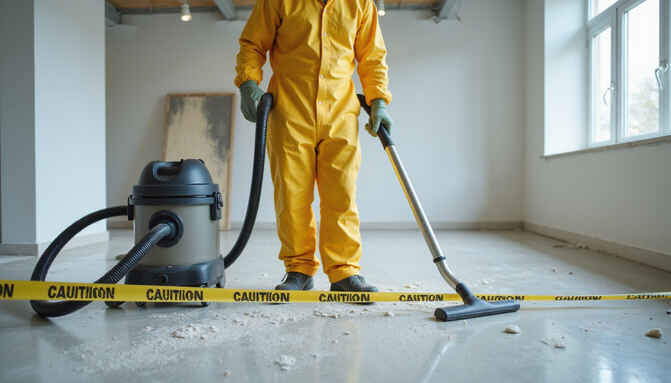  Professional technician in hazmat suit sealing floor, HEPA vacuum, caution tape around dusty renovation site