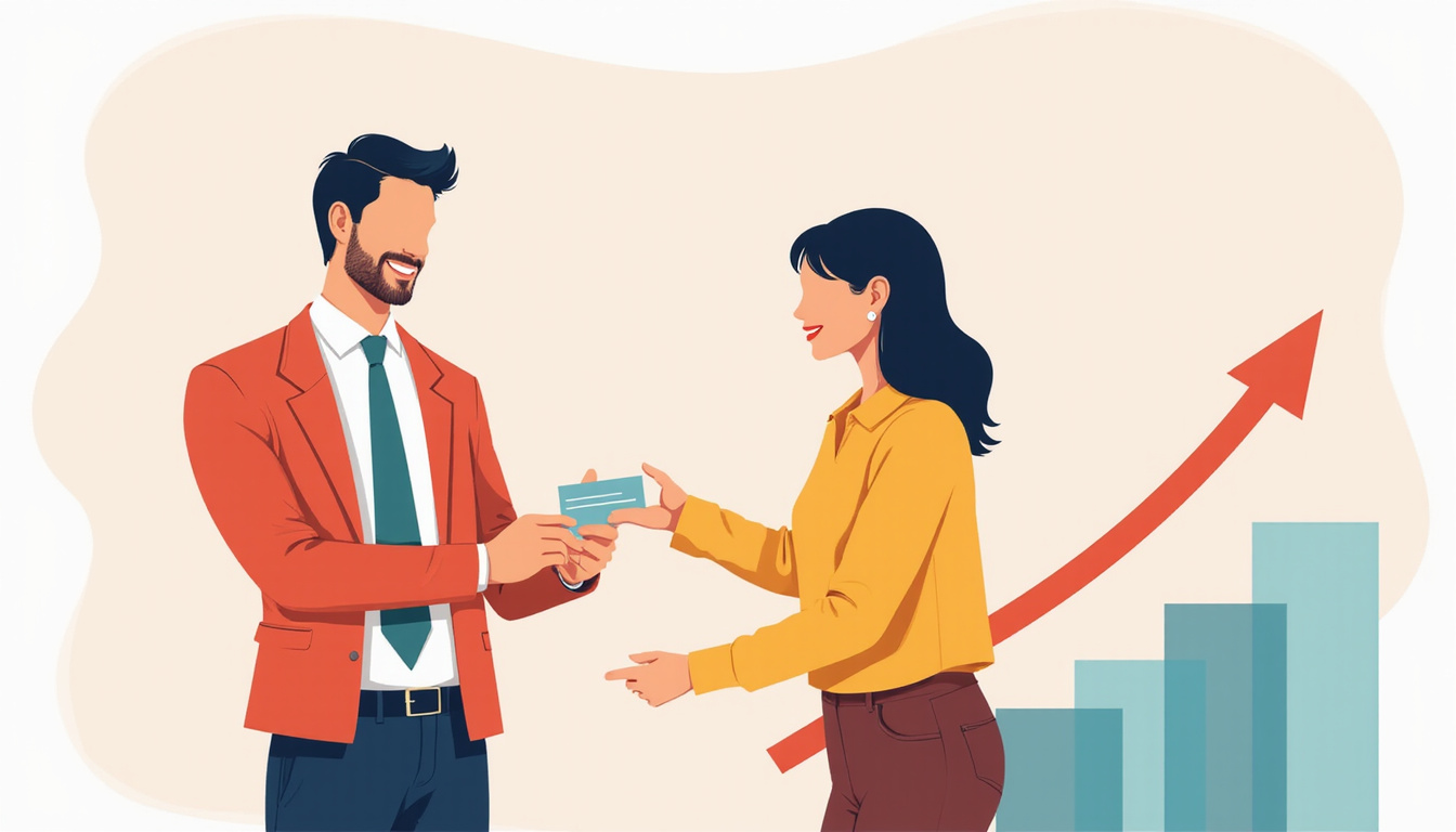  Minimalist vector illustration of a receptionist handing a card, returning clients, upward retention graph, brand colors
