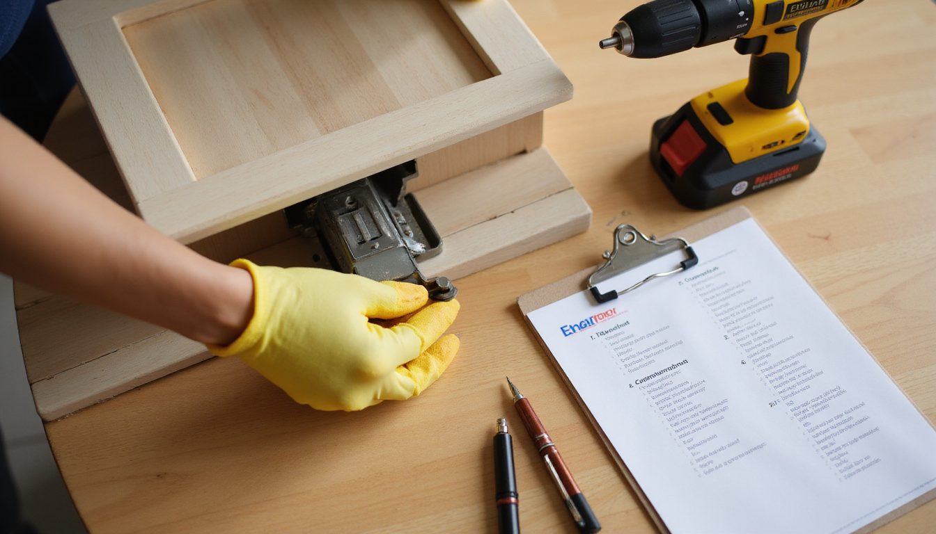  Close-up of hands disassembling cabinet hinge, protective gloves, power drill, instruction checklist beside