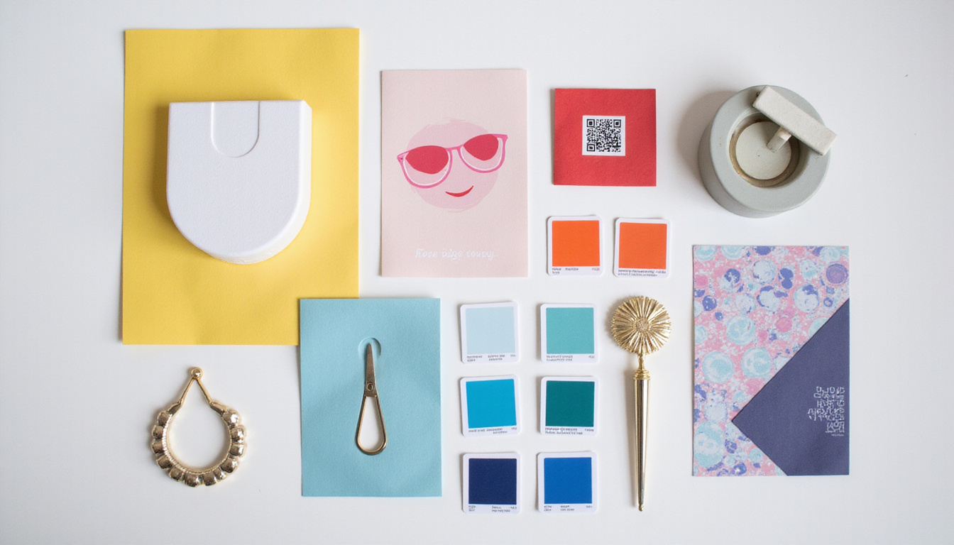  Flat-lay of printing hacks: die-cut cards, corner rounder, Pantone swatches, QR code mockups, minimalist aesthetic